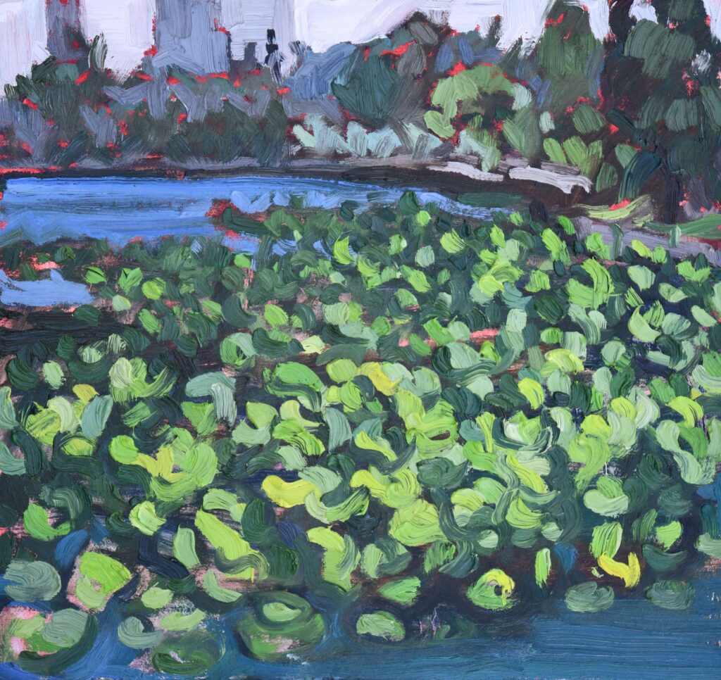 Sarah Arnold - Lotuses with skyline, 14" x 15" Oil on Panel