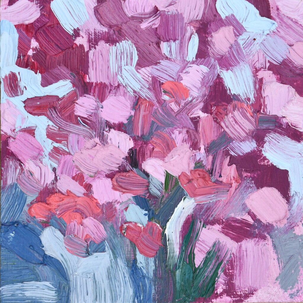 Sarah Arnold Pink Flowers, 6" x 6" Oil on Panel